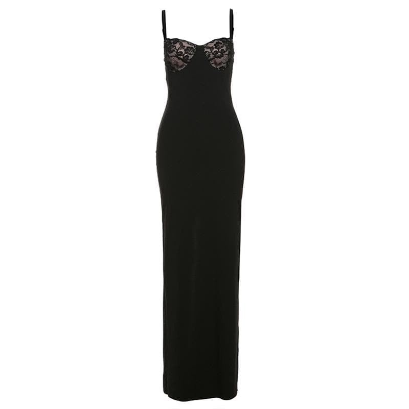 Sweetheart neck lace slit patchwork cami maxi dress  | Festival Outfits Women