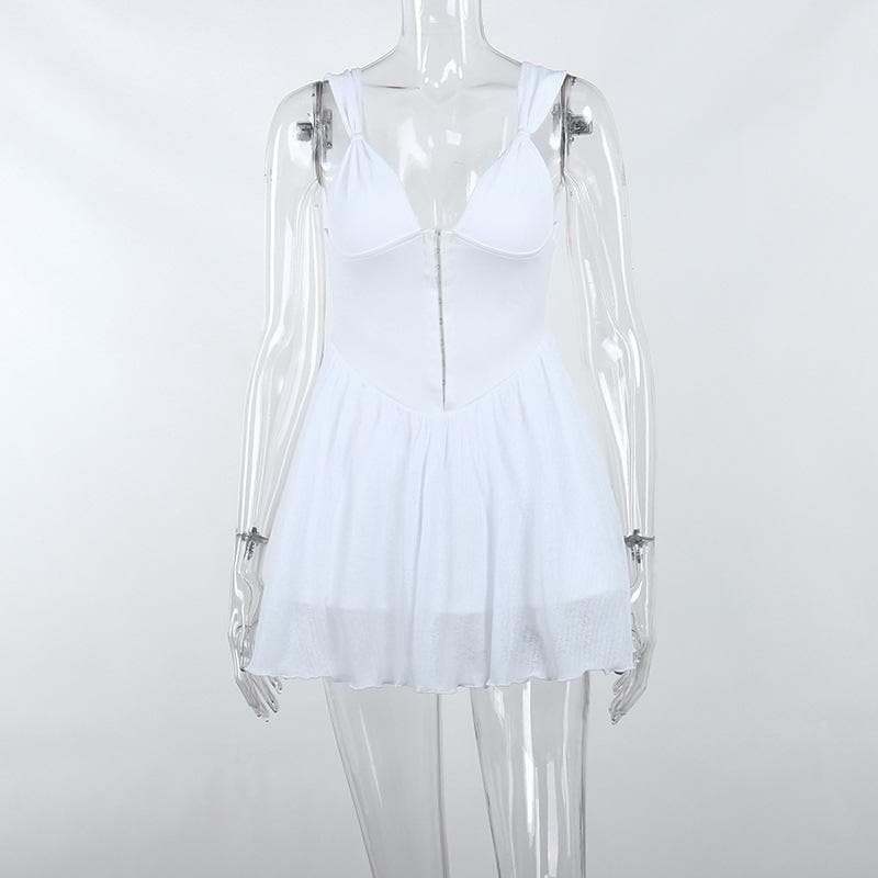 Button patchwork chiffon ruffle low cut mini dress - Final Sale