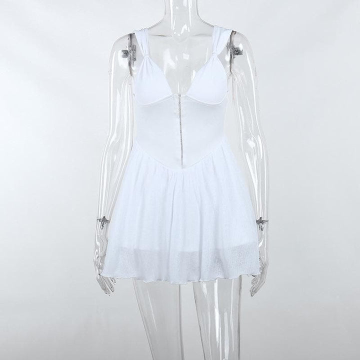 Button patchwork chiffon ruffle low cut mini dress - Final Sale