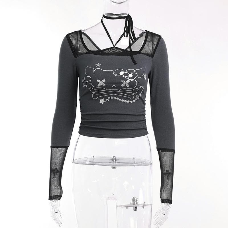 Long sleeve halter cat pattern mesh patchwork stitch top  | Festival Outfits Women