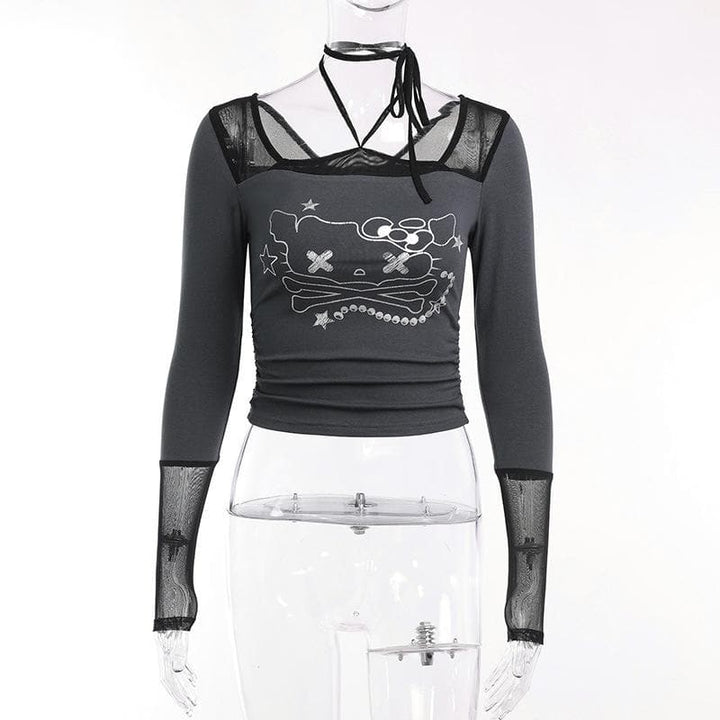 Long sleeve halter cat pattern mesh patchwork stitch top  | Festival Outfits Women