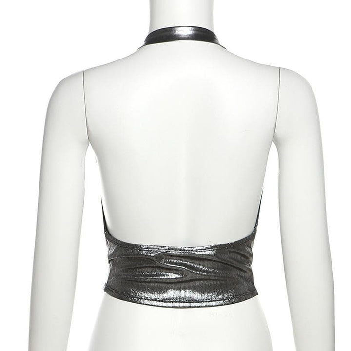 Metallic cowl neck buckle halter ruched backless top  | Festival Outfits Women