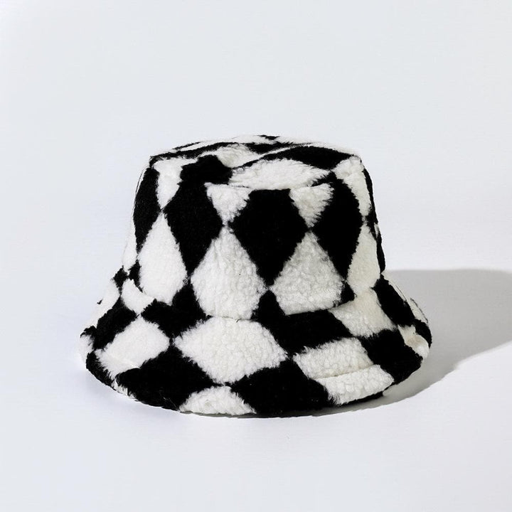 Plaid contrast fluffy fisherman bucket hat