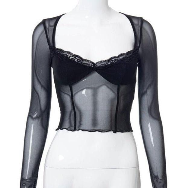 Hem lace ruffled long sleeve mesh crop top - Halibuy