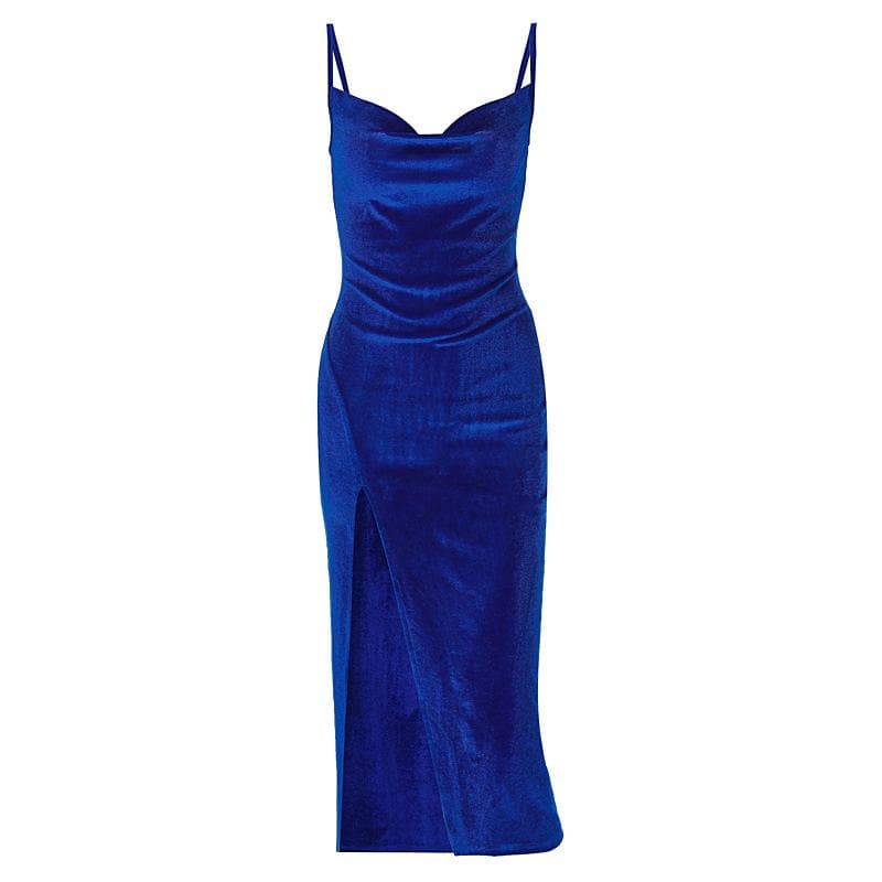 cowl neck velvet dress in royal blue Sheath Floor Length Cowl Neck Velvet Royal Blue Prom Dresses with Slit   classygown