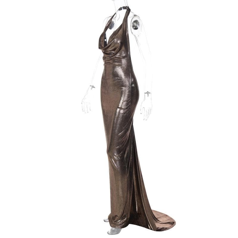 Metallic cowl neck ruched halter backless maxi dress – Halibuy