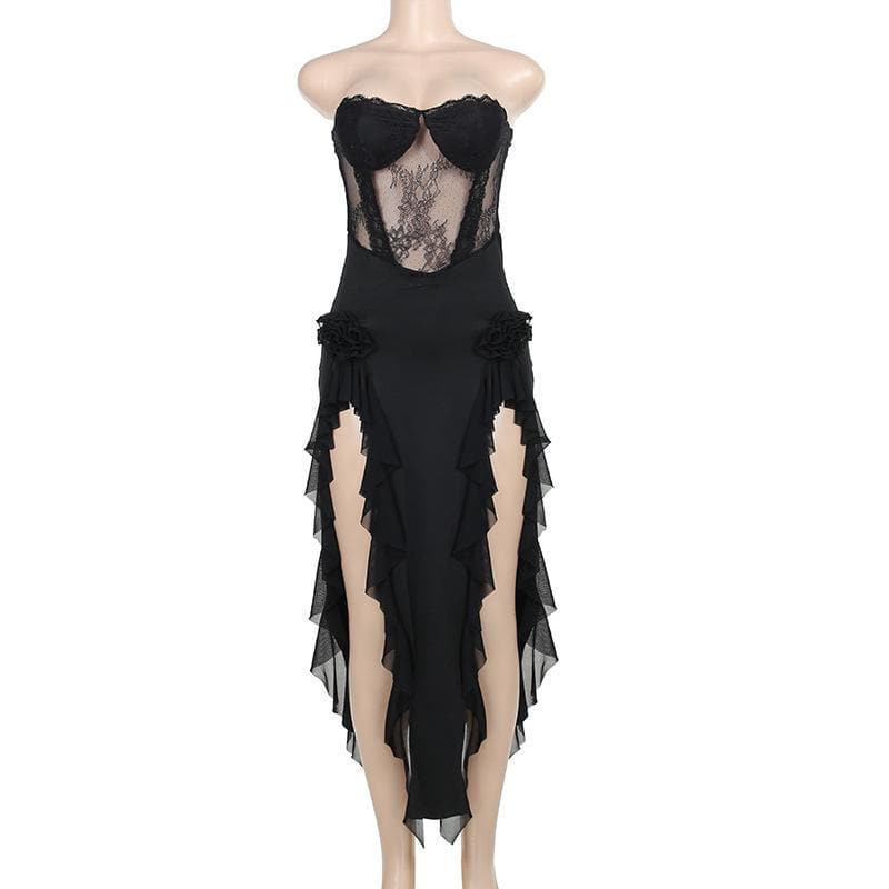 Lace patchwork flower applique ruffle slit solid midi dress  | Festival Outfits Women