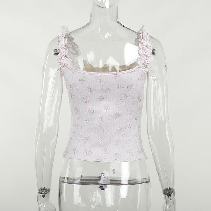 Flower print contrast sleeveless lace hem ruched top