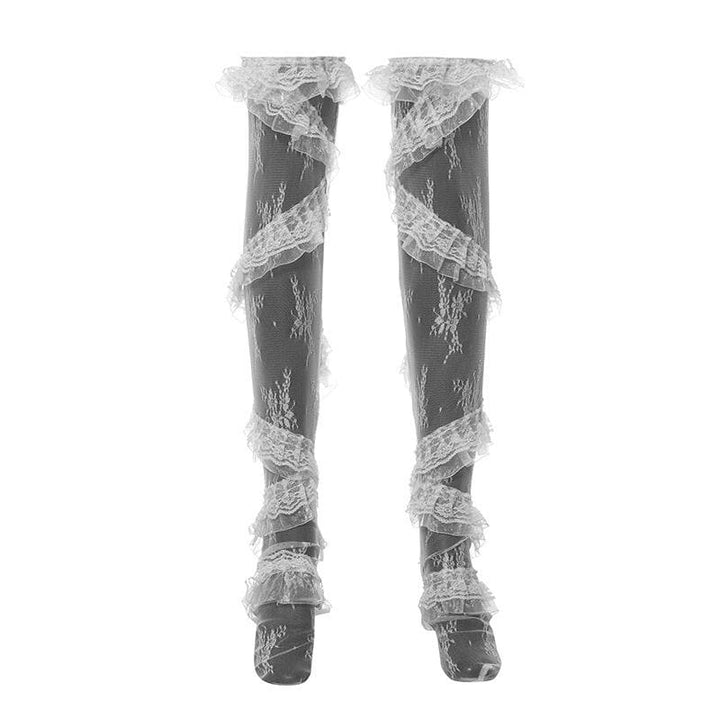 Lace ruffle solid stitch thigh high socks  | Festival Outfits Women