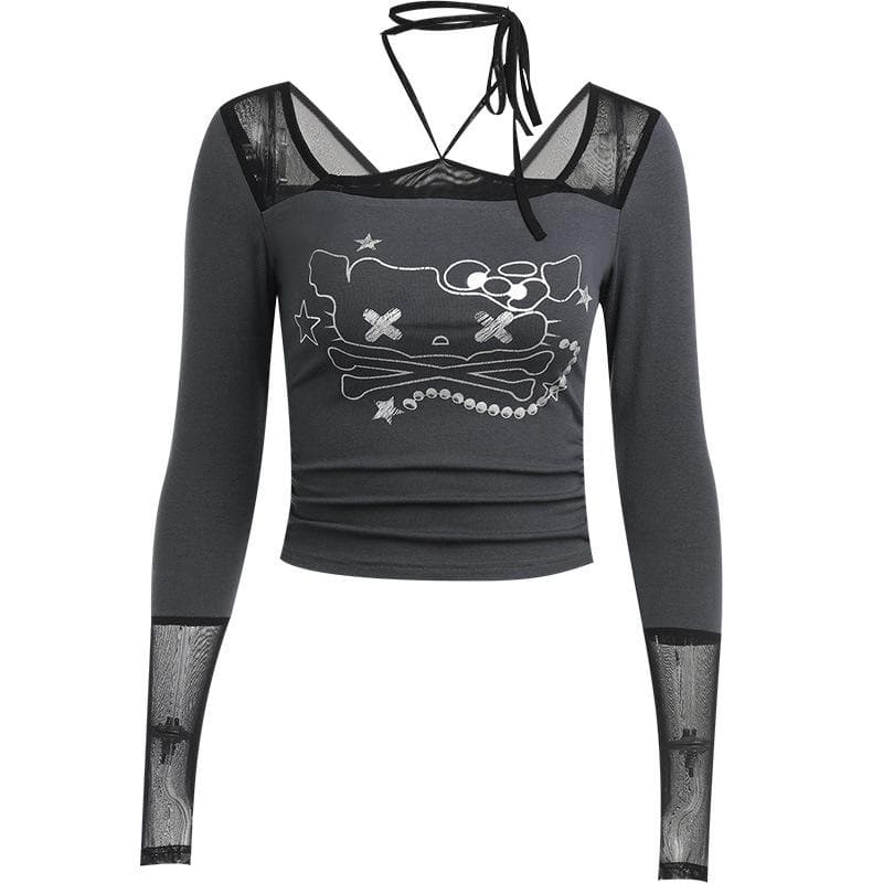 Long sleeve halter cat pattern mesh patchwork stitch top  | Festival Outfits Women