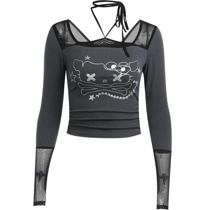 Long sleeve halter cat pattern mesh patchwork stitch top  | Festival Outfits Women
