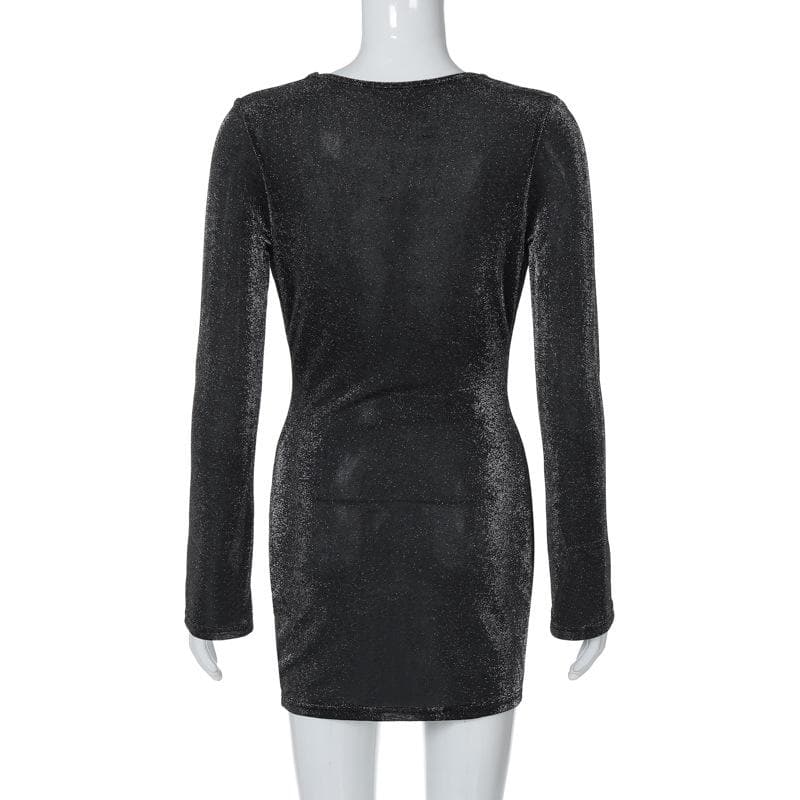 Long sleeve cowl neck ruched glitter solid mini dress  | Festival Outfits Women