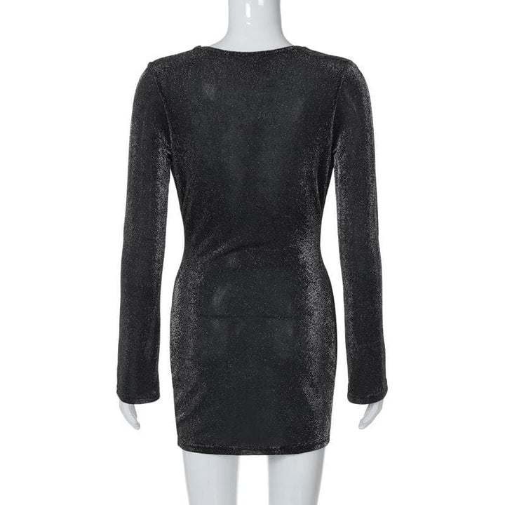 Long sleeve cowl neck ruched glitter solid mini dress  | Festival Outfits Women