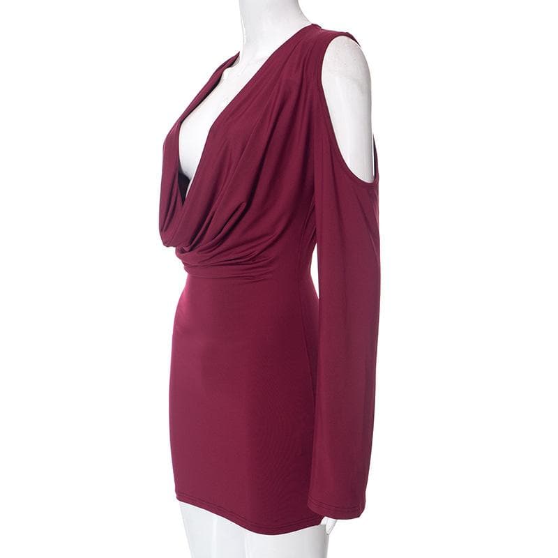 Long flared sleeve off shoulder cowl neck ruched solid mini dress  | Festival Outfits Women