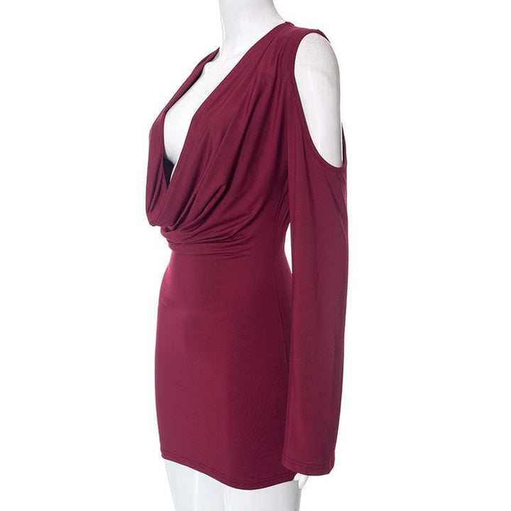 Long flared sleeve off shoulder cowl neck ruched solid mini dress  | Festival Outfits Women