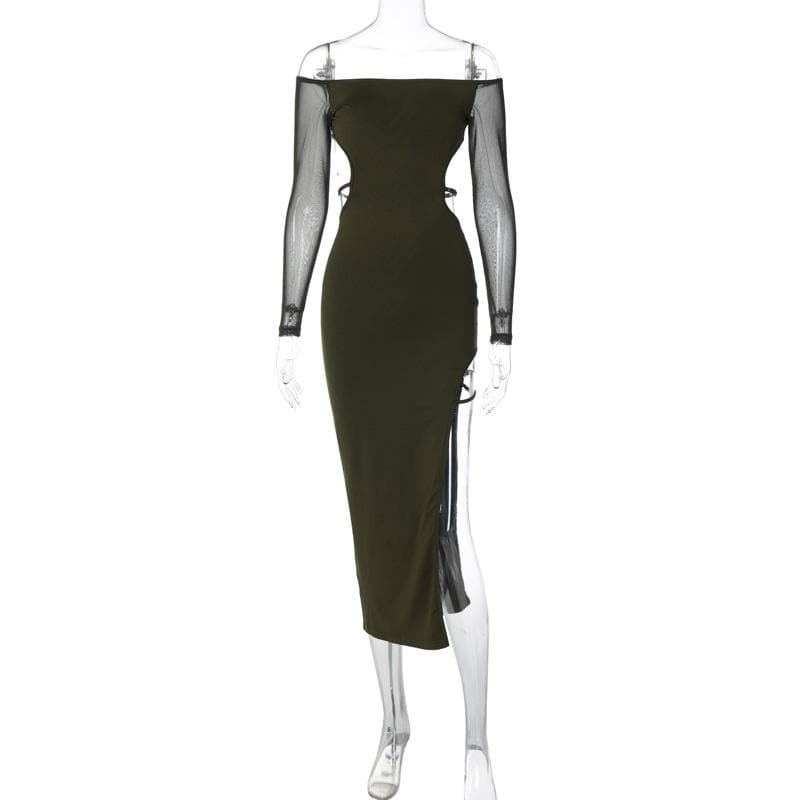 knee length dresses for ladies Long sleeve off shoulder high slit mesh backless irregular midi dress –  Halibuy