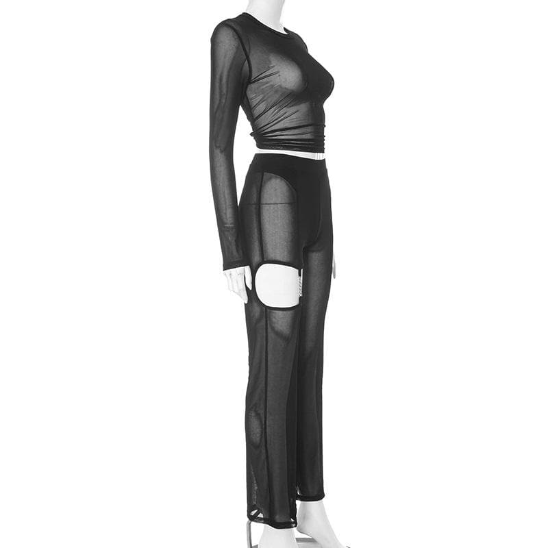 Mesh see through hollow out long sleeve solid pant set-final-sale