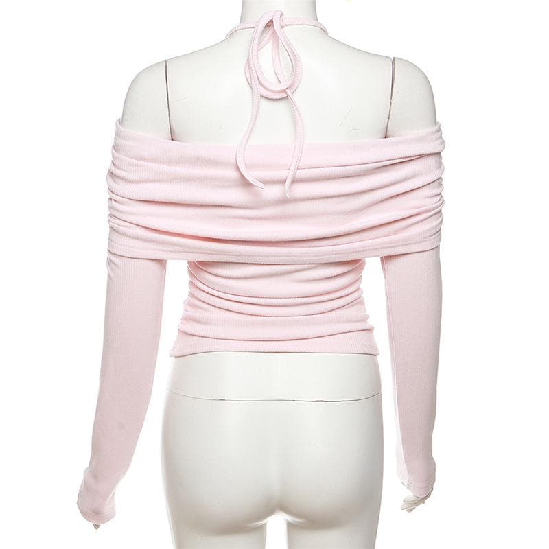 Ruched lace off shoulder halter long sleeve irregular top  | Festival Outfits Women