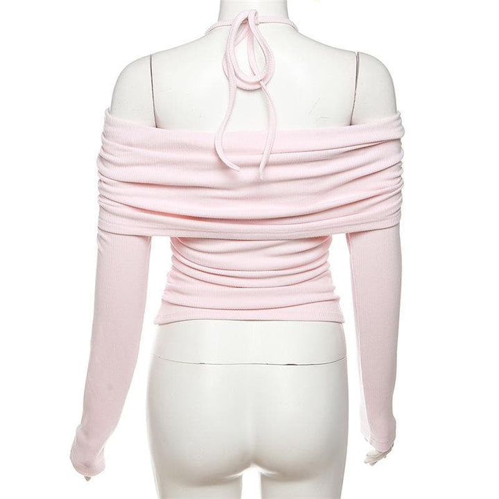 Ruched lace off shoulder halter long sleeve irregular top  | Festival Outfits Women
