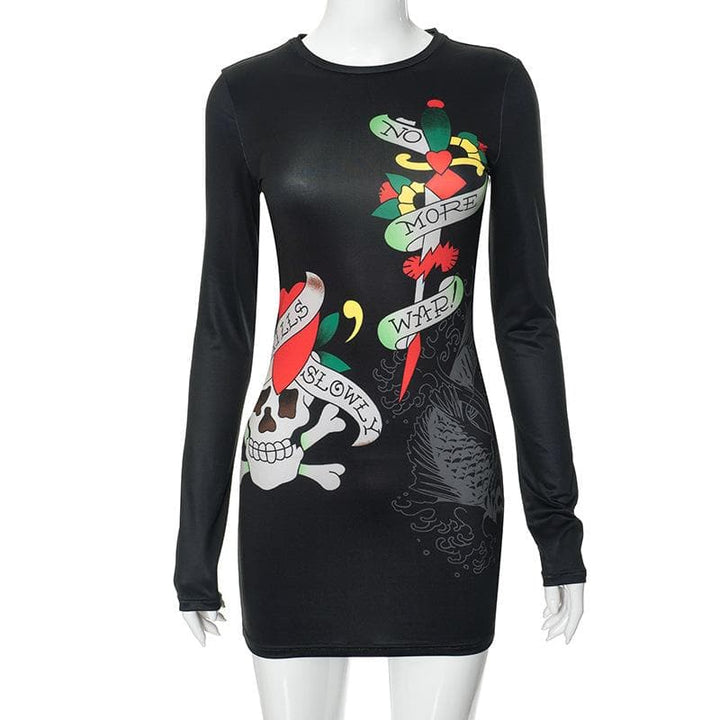 Abstract contrast long sleeve crewneck mini dress  | Festival Outfits Women