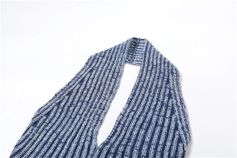 Textured striped contrast halter slit pocket v neck pant set