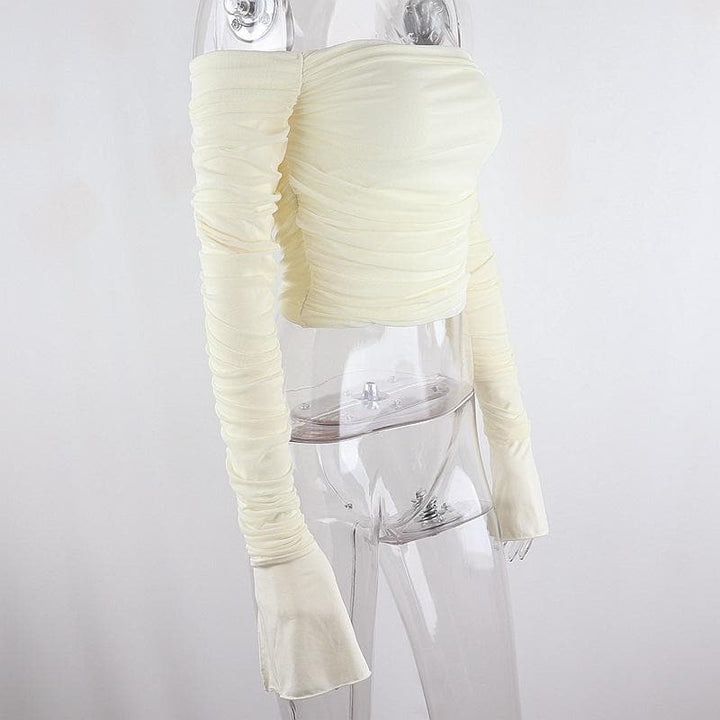 Double layered mesh off shoulder ruched long sleeve solid crop top | Mesh Long Sleeve Crop Top