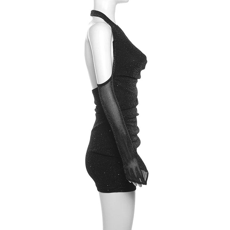 Long sleeve off shoulder halter cowl neck glitter mesh mini dress  | Festival Outfits Women-final-sale