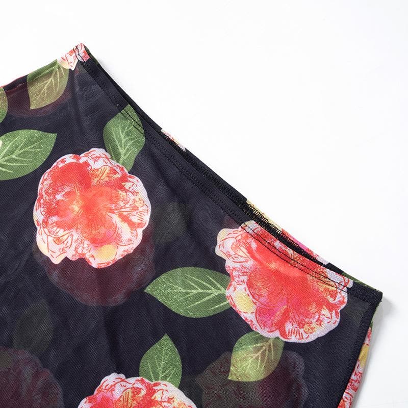 Sheer mesh flower print contrast maxi skirt  | Festival Outfits Women