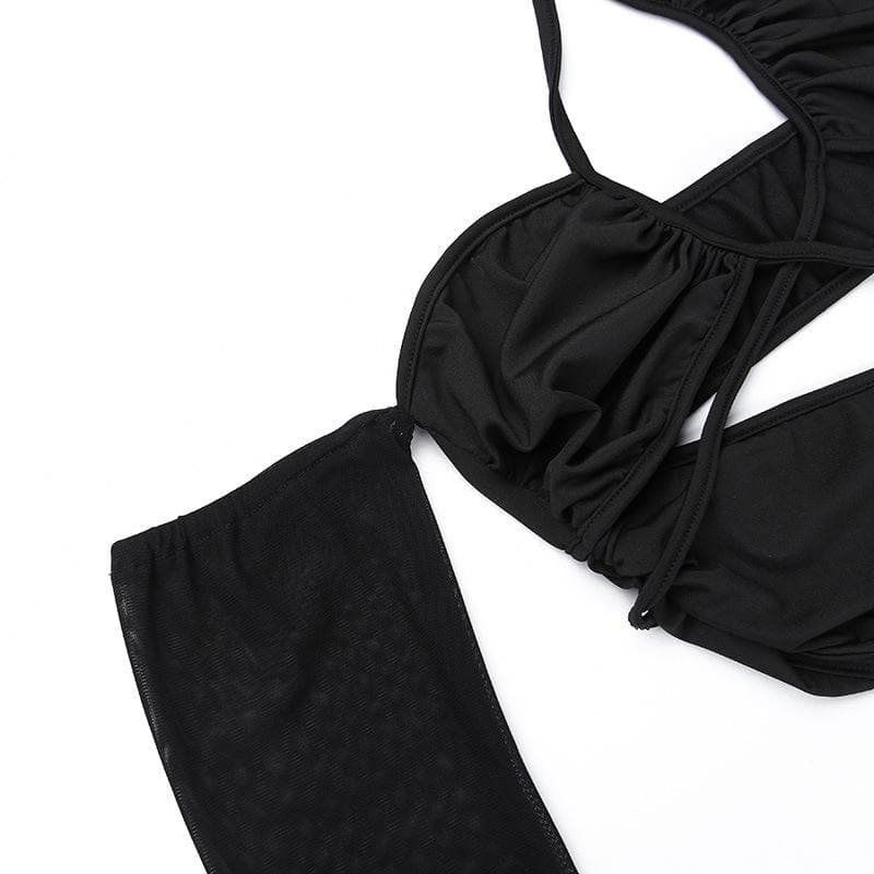 Ruched cross front hollow out halter off shoulder long sleeve backless cut out mini dress  | Festival Outfits Women