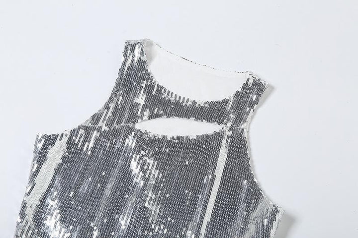 Crewneck glitter hollow out ruffle irregular crop cut out top  | Festival Outfits Women