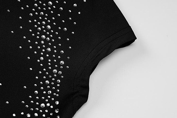 Short sleeve crewneck beaded high neck solid mini dress-final-sale