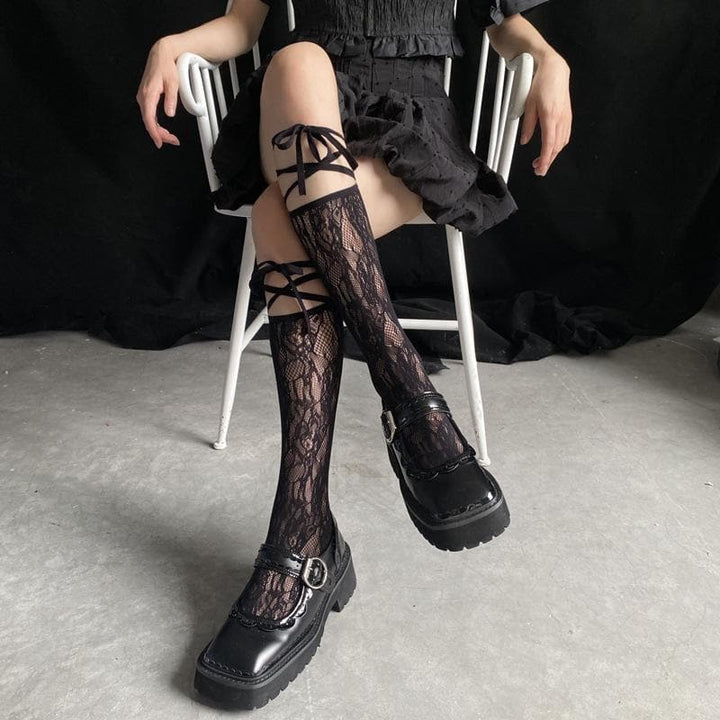 Sheer lace self tie knee high socks