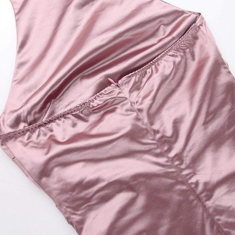 Ruched solid satin zip-up halter backless slit maxi dress  | Festival Outfits Women