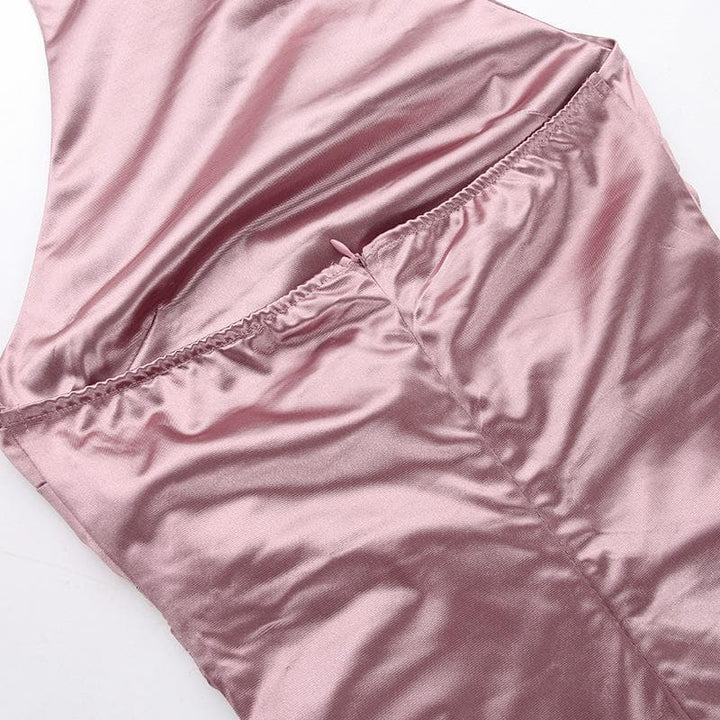 Ruched solid satin zip-up halter backless slit maxi dress  | Festival Outfits Women