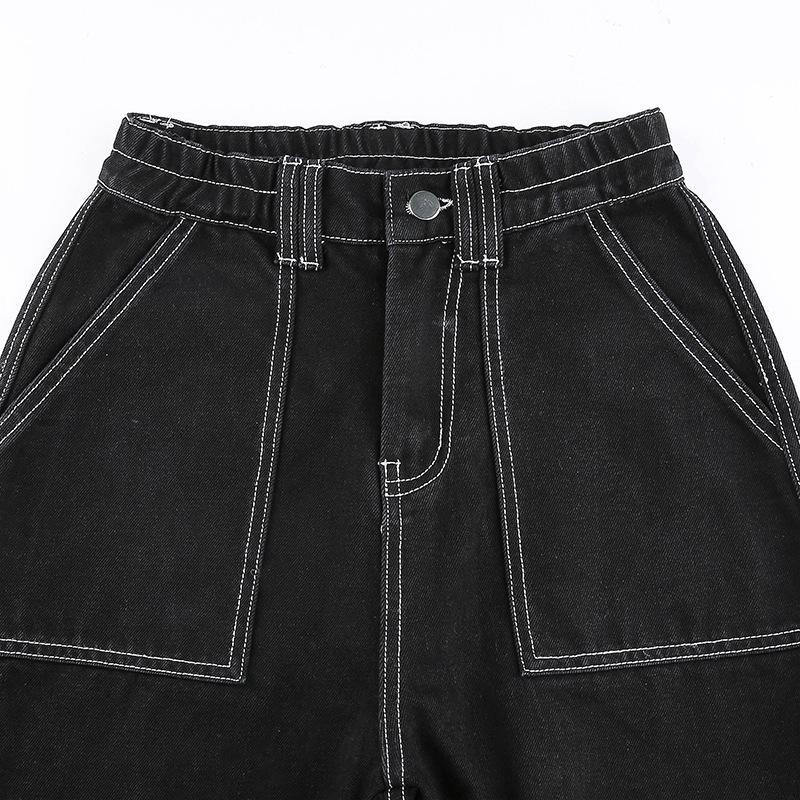 Medium wash stitch pocket adjustable waist straight leg baggy jeans ...