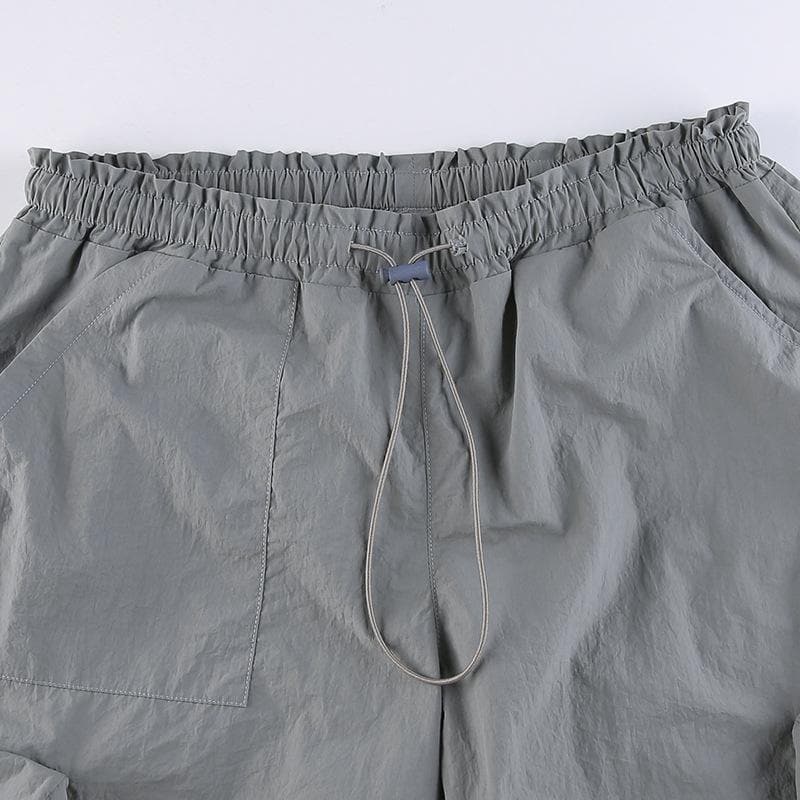 Drawstring solid cargo pocket low rise baggy pant Parachute pants