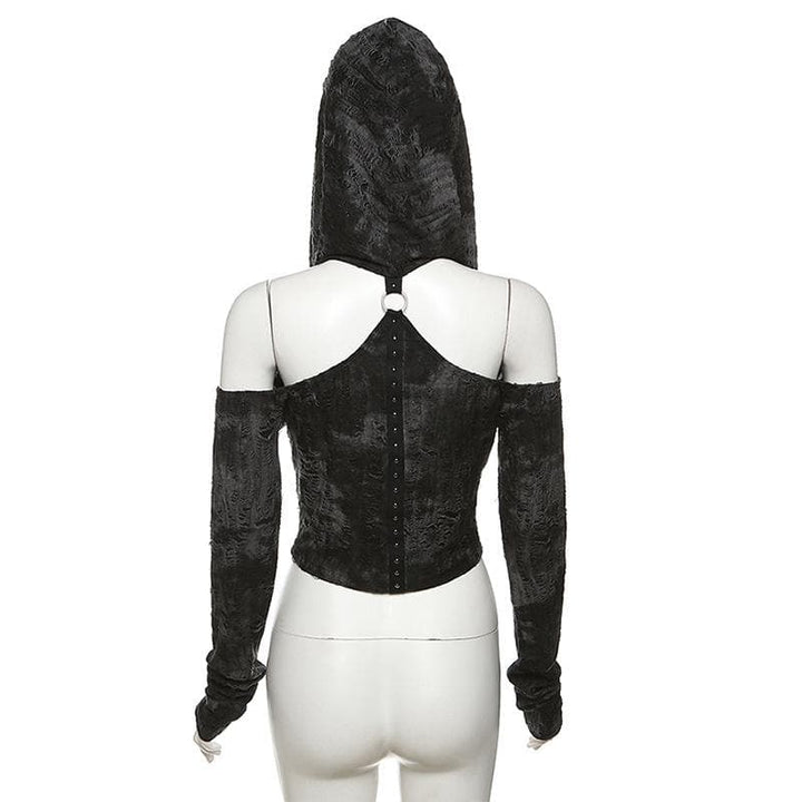 Long sleeve hoodie off shoulder buckle crop top  | Festival Outfits Women