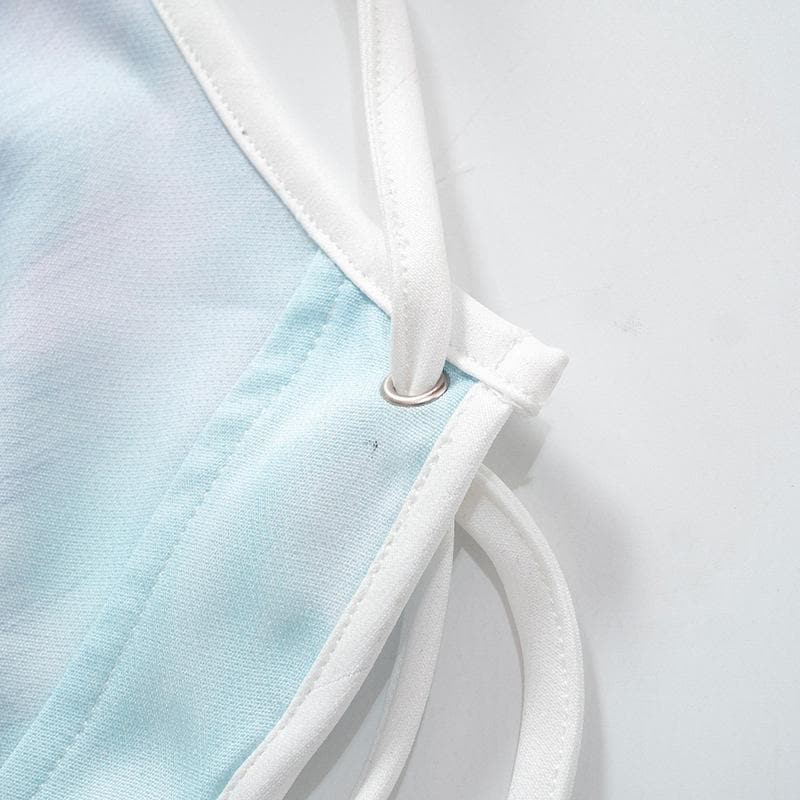 Cat print self tie open back feather halter crop top