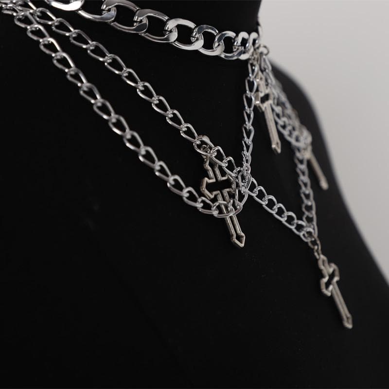 Cross pendant layered choker necklace