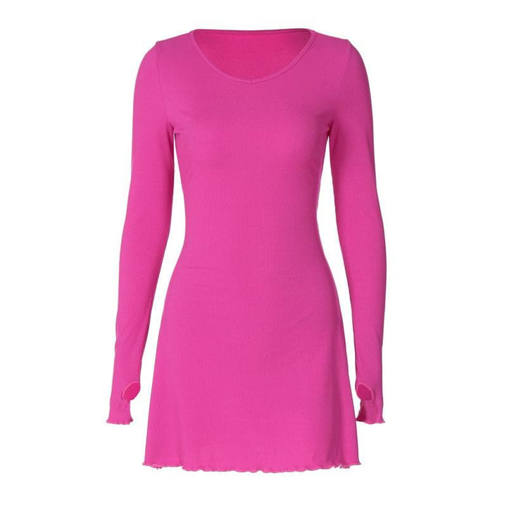 Ribbed solid long sleeve gloves lace up ruffle mini dress  | Festival Outfits Women