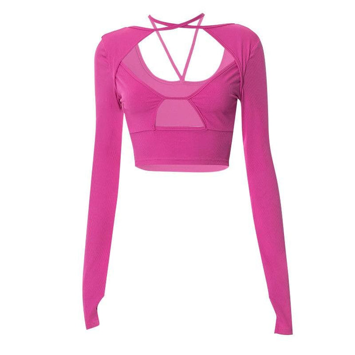 Ribbed cross front solid long sleeve gloves hollow out crop top-final-sale