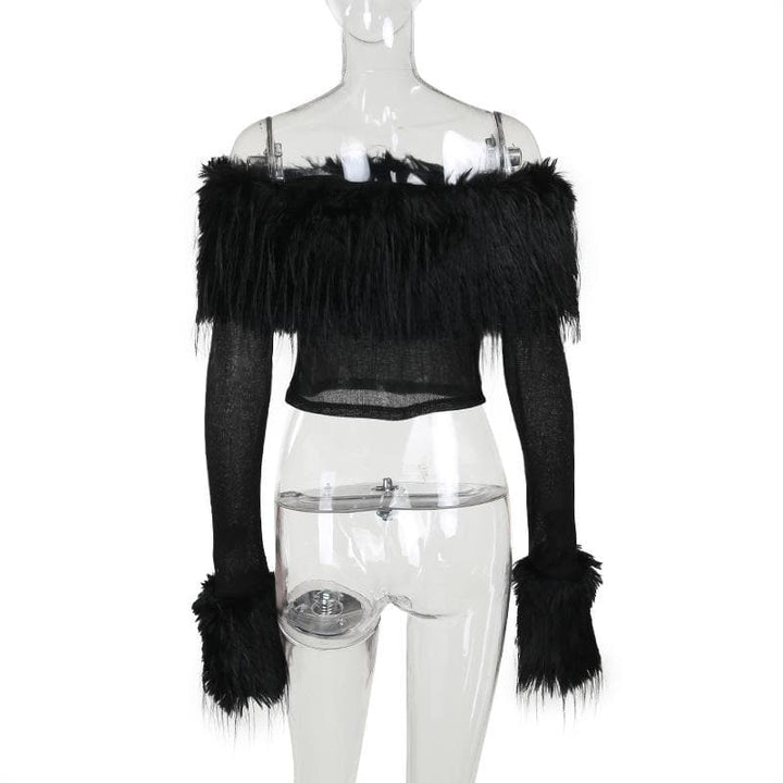 Furry patchwork off shoulder long sleeve solid top  | Festival Outfits Women