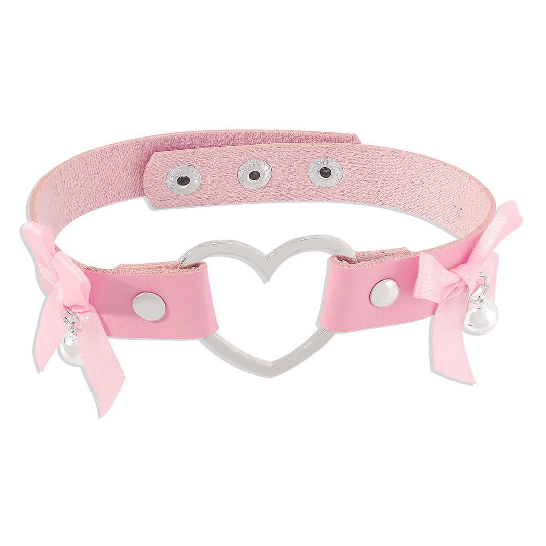 Bowknot bell heart ring button PU choker necklace