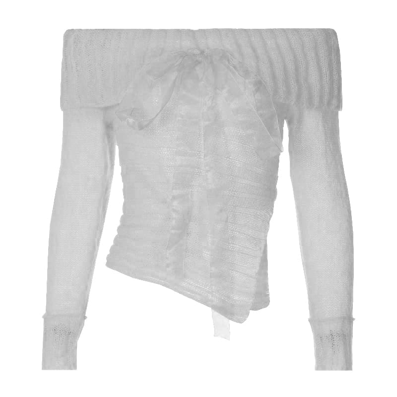 Long sleeve off shoulder bowknot ribbon ruffle ribbed knitted top  | Festival Outfits Women