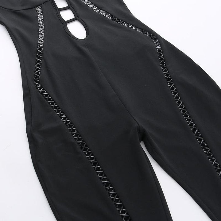 Lace up hollow out halter o ring backless solid jumpsuit  | Festival Outfits Women