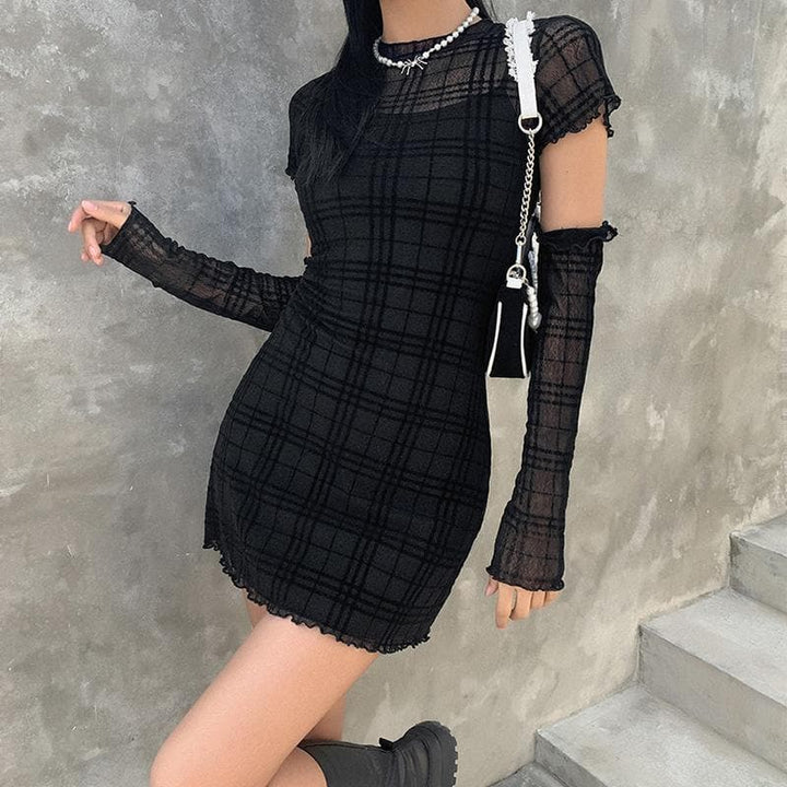 Ruffled mesh plaid long sleeve dress - Halibuy