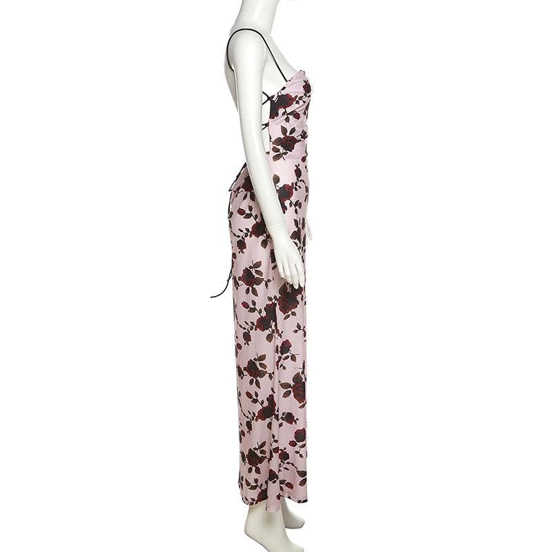 Flower print low cut spaghetti strap contrast lace up backless midi dr Halibuy Flower print low cut spaghetti strap contrast lace up backless midi dr Halibuy