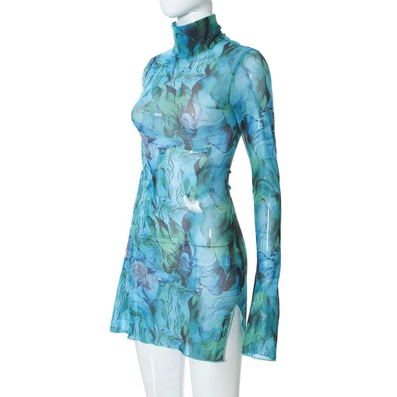 Sheer mesh see through print high neck slit long sleeve mini dress