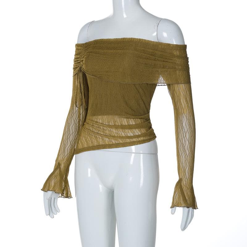 Long flared sleeve off shoulder drawstring ruched mesh top  | Festival Outfits Women