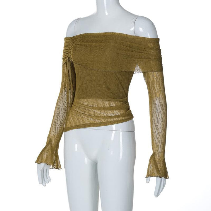 Long flared sleeve off shoulder drawstring ruched mesh top  | Festival Outfits Women